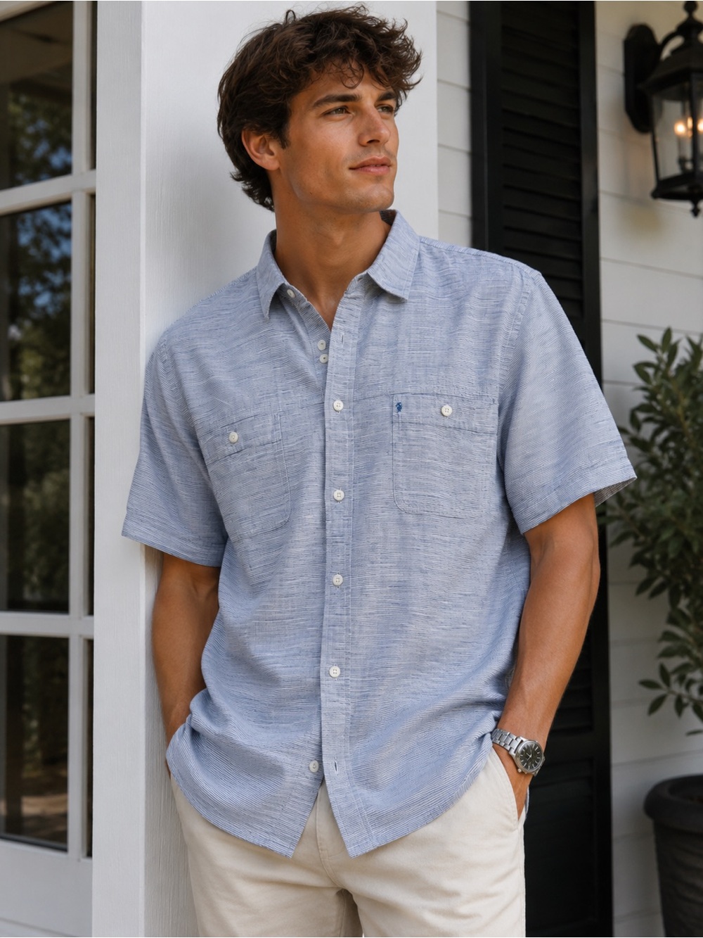 IZOD Saltwater Dockside Chambray Button Down Short Sleeve Shirt Large